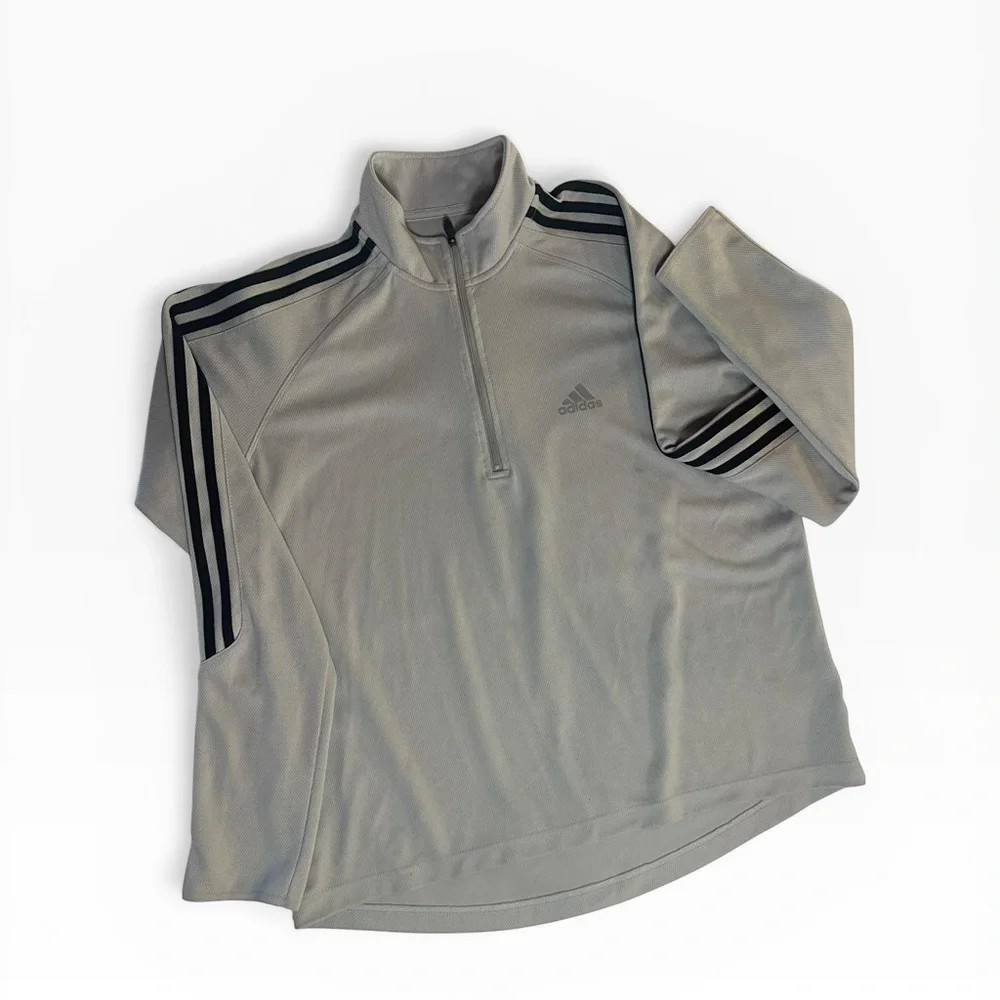 adidas Light Gray Short-Sleeve Quarter-Zip with Black Shoulder Stripes
